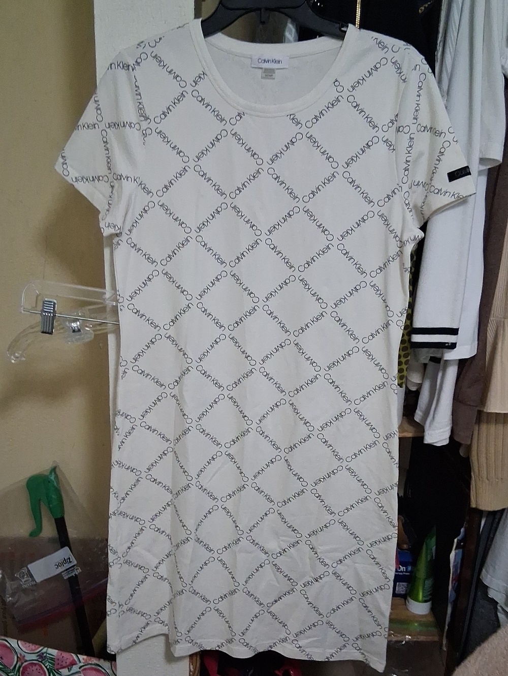 Calvin Klein Cream Logo-Print Short Sleeve Tee Dress
